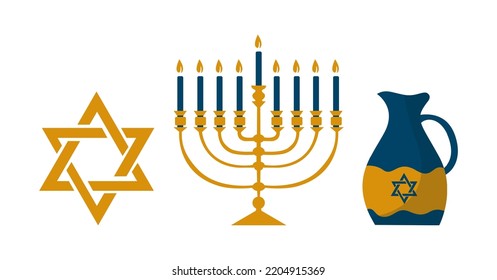 Cartoon decorative elements of Jewish holiday Hanukkah set. Colorful Menorah candles, David star, and flying dove vector flat illustration collection. Various objects of Jewish festival concept