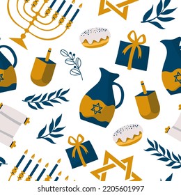 Cartoon decorative elements of Jewish holiday Hanukkah seamless pattern. Colorful Menorah candles, David star, and flying dove vector flat illustration. Various objects of Jewish festival concept