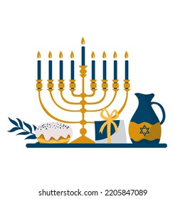 Cartoon decorative elements of Jewish holiday Hanukkah set. Colorful Menorah candles, David star, and flying dove vector flat illustration collection. Various objects of Jewish festival concept