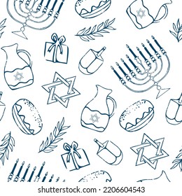 Cartoon decorative elements of Jewish holiday Hanukkah seamless pattern. Colorful Menorah candles, David star, and flying dove vector outline illustration. Various objects of Jewish festival concept