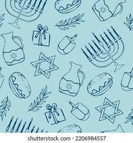 Cartoon decorative elements of Jewish holiday Hanukkah seamless pattern. Colorful Menorah candles, David star, and flying dove vector outline illustration. Various objects of Jewish festival concept