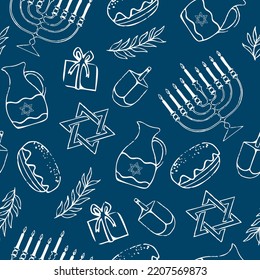 Cartoon decorative elements of Jewish holiday Hanukkah seamless pattern. Colorful Menorah candles, David star, and flying dove vector outline illustration. Various objects of Jewish festival concept