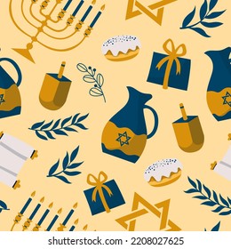 Cartoon decorative elements of Jewish holiday Hanukkah seamless pattern. Colorful Menorah candles, David star, and flying dove vector flat illustration. Various objects of Jewish festival concept
