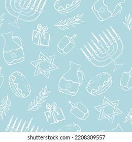 Cartoon decorative elements of Jewish holiday Hanukkah seamless pattern. Colorful Menorah candles, David star, and flying dove vector outline illustration. Various objects of Jewish festival concept