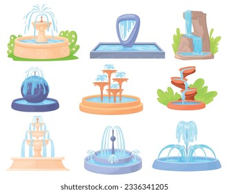 Cartoon decorative fountains. Outdoor isolated fountain with water jet or cascade bowl waterfalls, summer ornament decor for garden or city architecture, neat vector illustration