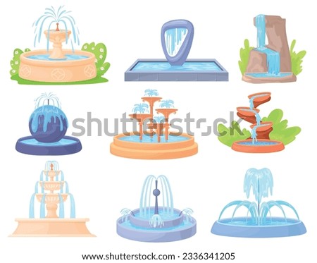 Cartoon decorative fountains. Outdoor isolated fountain with water jet or cascade bowl waterfalls, summer ornament decor for garden or city architecture, neat vector illustration