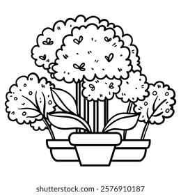 Cartoon decorative garden plants in pot, outline vector illustration, eps10