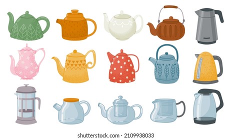 Cartoon decorative glass and ceramic teapots, kettles design. Vintage, modern and japan dishware for tea. Kitchen or cafe teapot vector set. Isolated appliance for boiling or heating water