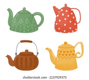 Cartoon decorative glass and ceramic teapots. Modern and vintage kettles for hot drink. Japan and chinese kitchenware for tea ceremony. Colorful appliances for beverage with design set