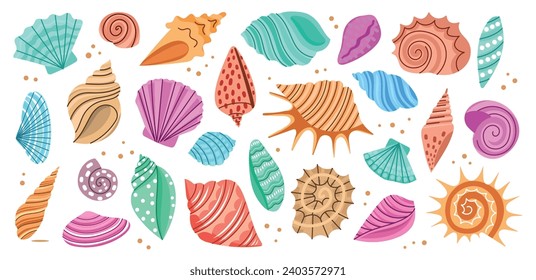 Cartoon decorative seashell. Tropical mollusk mineral formations, marine life shells, color doodle ocean elements, underwater, vector set.eps
