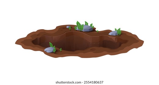 Cartoon deep dirty pit and burrow, ground hole with scattered rocks and small green plants, providing natural landscape. Isolated vector muddy crevice. Environmental natural gap, excavations or cavity