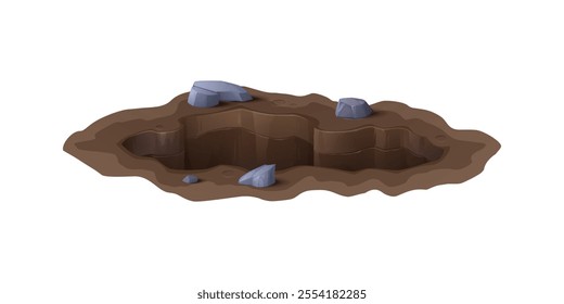 Cartoon deep dirty pit or burrow with hole in ground soil, vector icon. Underground manhole or deep dig burrow in ground with stone rocks or pebbles on edges and hollow pit hole in isometric view