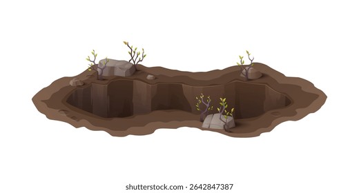 Cartoon profundo fosso sujo e toca, furo de chão. Fosso de erosão do solo ou abismo de catástrofe natural, tocas isoladas de animais vetores. Furo profundo sujo e lamacento no chão com pedras e brotos de árvores nas bordas