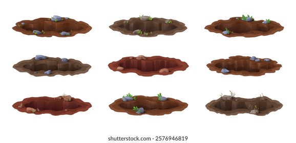 Cartoon deep dirty pits and burrow, ground holes, surrounded by scattered rocks and plants. Vector set of natural formations, cavity, muddy crevice. Gaps on the lawn, meadow, farm, forest or garden