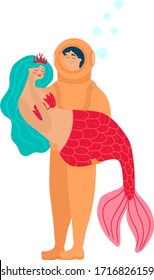 Cartoon deep sea diver holds on hands beauty mermaid in ocean isolated on white vector, illustration. Man love sea marine and enjoy spending time together. Concept of romantic St. Valentine s Day.