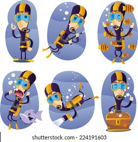 cartoon deep sea diver illustration set