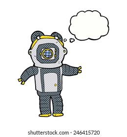 caricatura de buceo en aguas profundas con burbuja de pensamiento