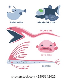 Cartoon deep sea Fish Collection. Fun cartoon hand drawn scary fishes for children design illustrations set. EPS10