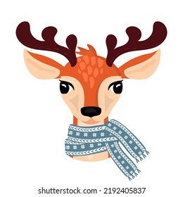 Cartoon deer with antlers in a winter scarf.Animal character head isolated on white background.Colorful vector art for printing on fabric and paper.Template for design card,pattern,poster,banner.