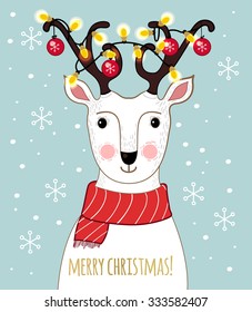 Cartoon deer with awesome decorated antlers, Christmas balls and garland. Lovely winter concept design in vector. Sweet deer wish you a Merry Christmas!
