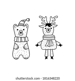Cartoon deer and bear isolated on white. Christmas animal symbol. Vector stock illustration. EPS 10