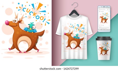 Cartoon deer with bird - mockup for your idea. Vector eps 10