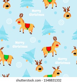 Cartoon deer in blankets,  spruce and snowflakes on a blue background. Seamless vector pattern for packaging, textiles and web design. Merry Christmas text.