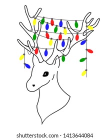 Cartoon deer and bulb, christmas character, vector illustration