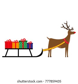 cartoon deer carries New Year gifts on a sleigh