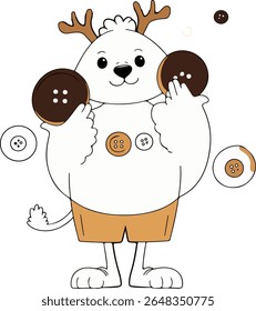 Um personagem de veado com chifres pequenos, vestindo shorts e segurando grandes botões em suas mãos. Os botões também estão flutuando ao redor dele.
