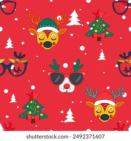 Cartoon deer Christmas elements of various formats glasses Christmas New Year Ideal for decorative. Pattern 