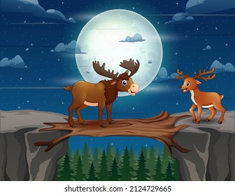 Cartoon deer with cubs taking turns crossing a wooden bridge over a cliff