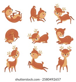 Cartoon deer. Cute adorable deers various poses. Funny forest wild animal sleep jumping running play, has joy. Children mascots nowaday vector characters