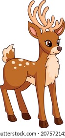 Cartoon deer. Cute forest animal with antlers and tail