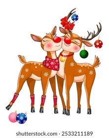 Cartoon deer decorated with Christmas balls and snowflakes on a white background. New Year's card.