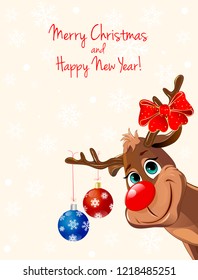 Cartoon deer decorated with Christmas fir-decorations and a bow-knot. Greeting card for Christmas.
                                                                                                    