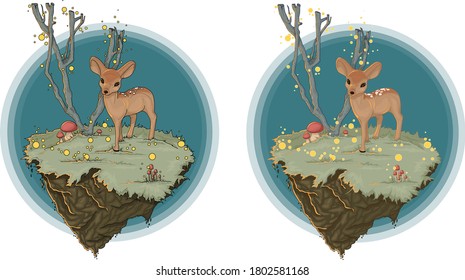 Cartoon deer in a fairy forest scene set. Colorful bambi vector illustration template with outlines for wallpaper, games, background, pattern, decor. Print for fabrics and other surfaces.