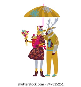 Cartoon Deer family. Brightly colored childish animals. Father with newborn baby. Cute animals for Father's Day. Template for Greeting Invitations, Planners. Vector illustration.