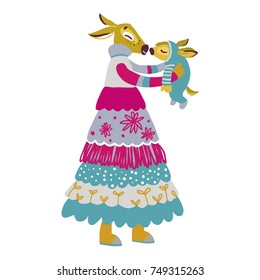 Cartoon Deer family. Brightly colored childish animals. Mother and baby. Cute animals for Mother's Day. Animals mom and baby.  Vector illustration.