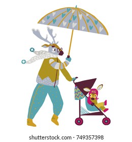 Cartoon Deer family. Brightly colored childish animals. Father with newborn baby. Cute animals for Father's Day. Template for Greeting Scrap-booking, Congratulations. Vector illustration.