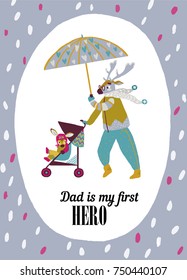 Cartoon Deer family. Brightly colored childish animals. Mother and baby. Cute animals for Father's Day. Animals mom and baby. Template for Greeting Scrap-booking, Congratulations, Invitations. Vector