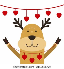 Cartoon deer hanging a garland with hearts is a Valentine's day card. Vector illustration
