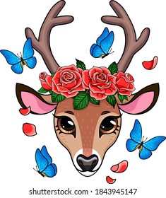 Cabeza de ciervo de caricatura con rosa roja corona de mariposas. Ilustración de vectores aislada