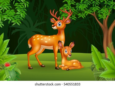 Cartoon deer with her calf