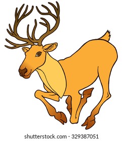 Cartoon deer with large antlers jumping and running - vector illustration