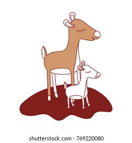 cartoon deer mom and calf over grass in color sections silhouette
