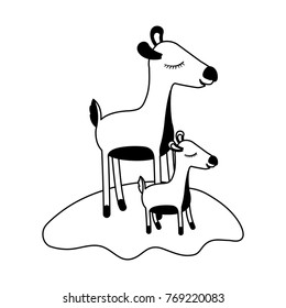 cartoon deer mom and calf over grass in black silhouette