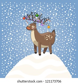 Cartoon deer on snow with fur-tree toys on horns