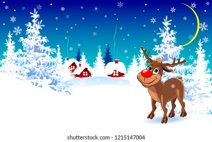Cartoon deer on a winter background.  Deer on the background of a winter forest and a snow-covered village.                                                                                            