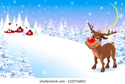 Cartoon deer on a winter background.  Deer on the background of a winter forest and a snow-covered village.                                                                                            